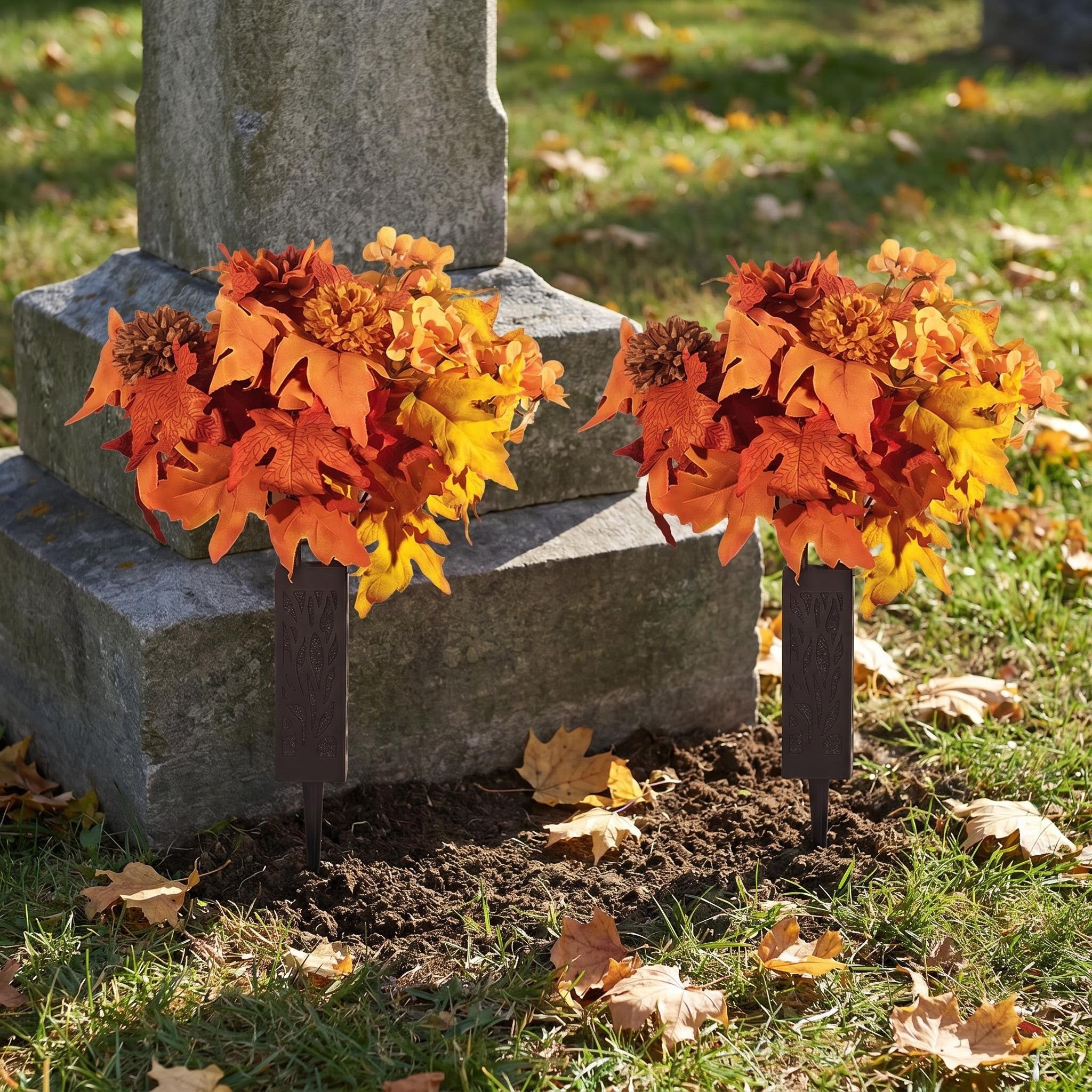 Grabgesteck Herbst 2er Set, Künstliche Friedhofsblumen mit 24 Blüten, – kunstblumenshop
