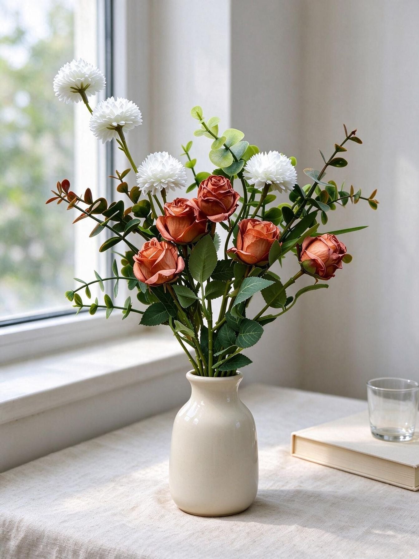 Künstlicher Blumenstrauß mit Rosen, Eukalyptus und Chrysanthemen, 42 c – kunstblumenshop