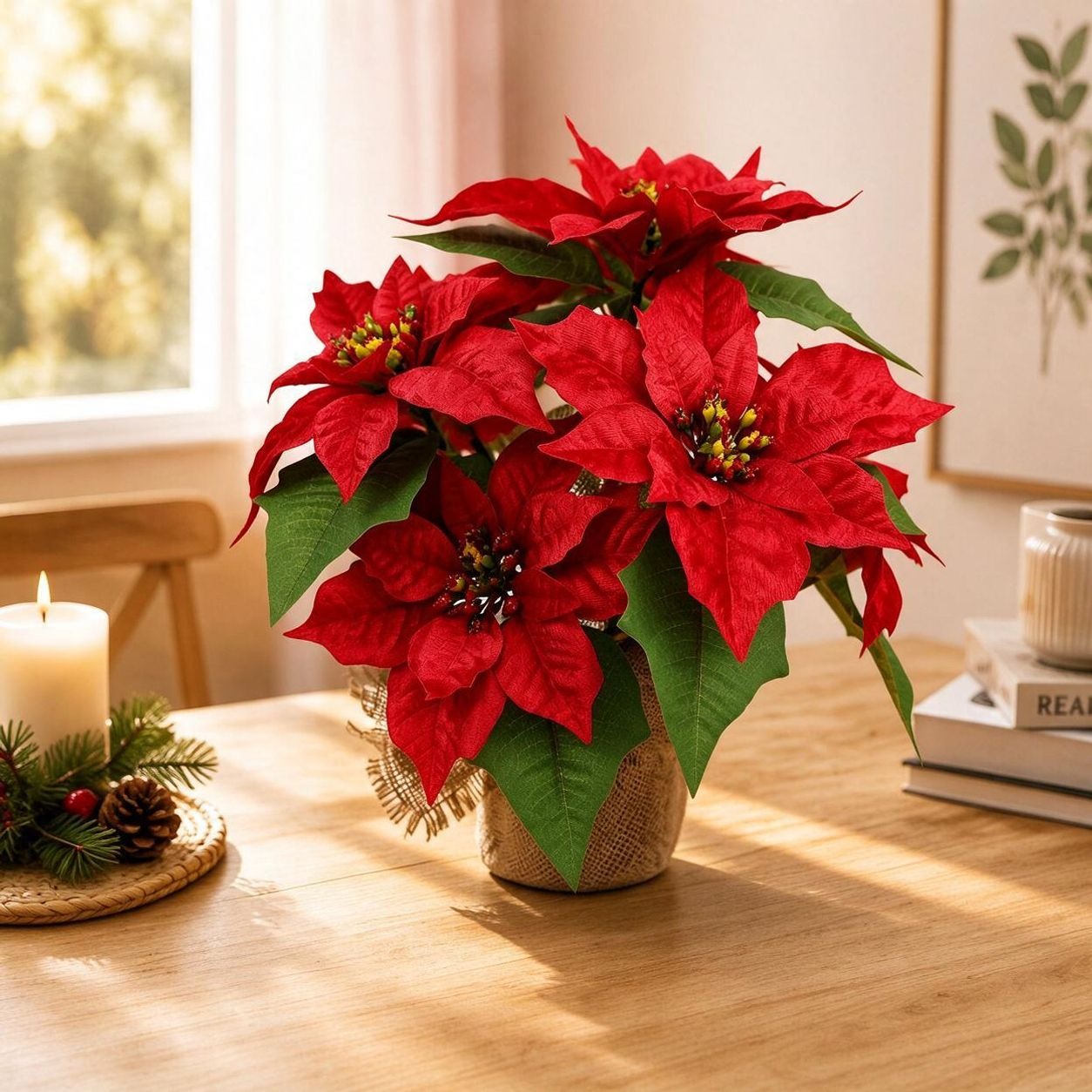 Künstliche Weihnachtsstern-Pflanze mit Topf, 34 cm, für Innen- und Auß – kunstblumenshop