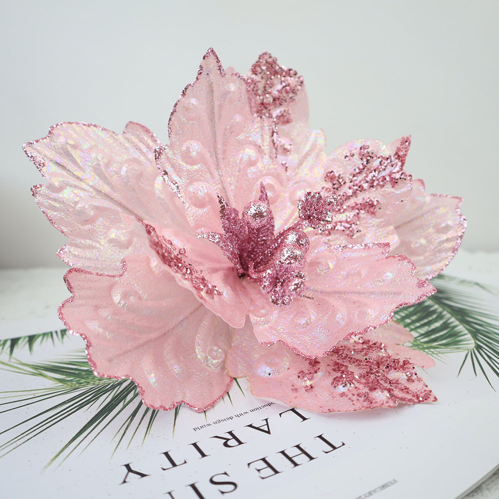 25 cm Künstliche Poinsettie Rosa mit Pailletten Weihnachtsbaumschmuck & Festliche Weihnachtsblumen