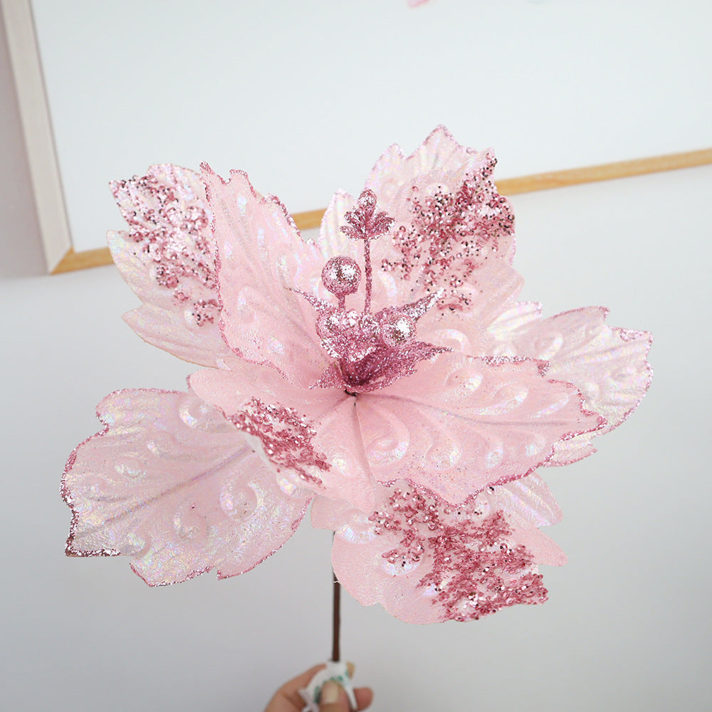 25 cm Künstliche Poinsettie Rosa mit Pailletten Weihnachtsbaumschmuck – kunstblumenshop