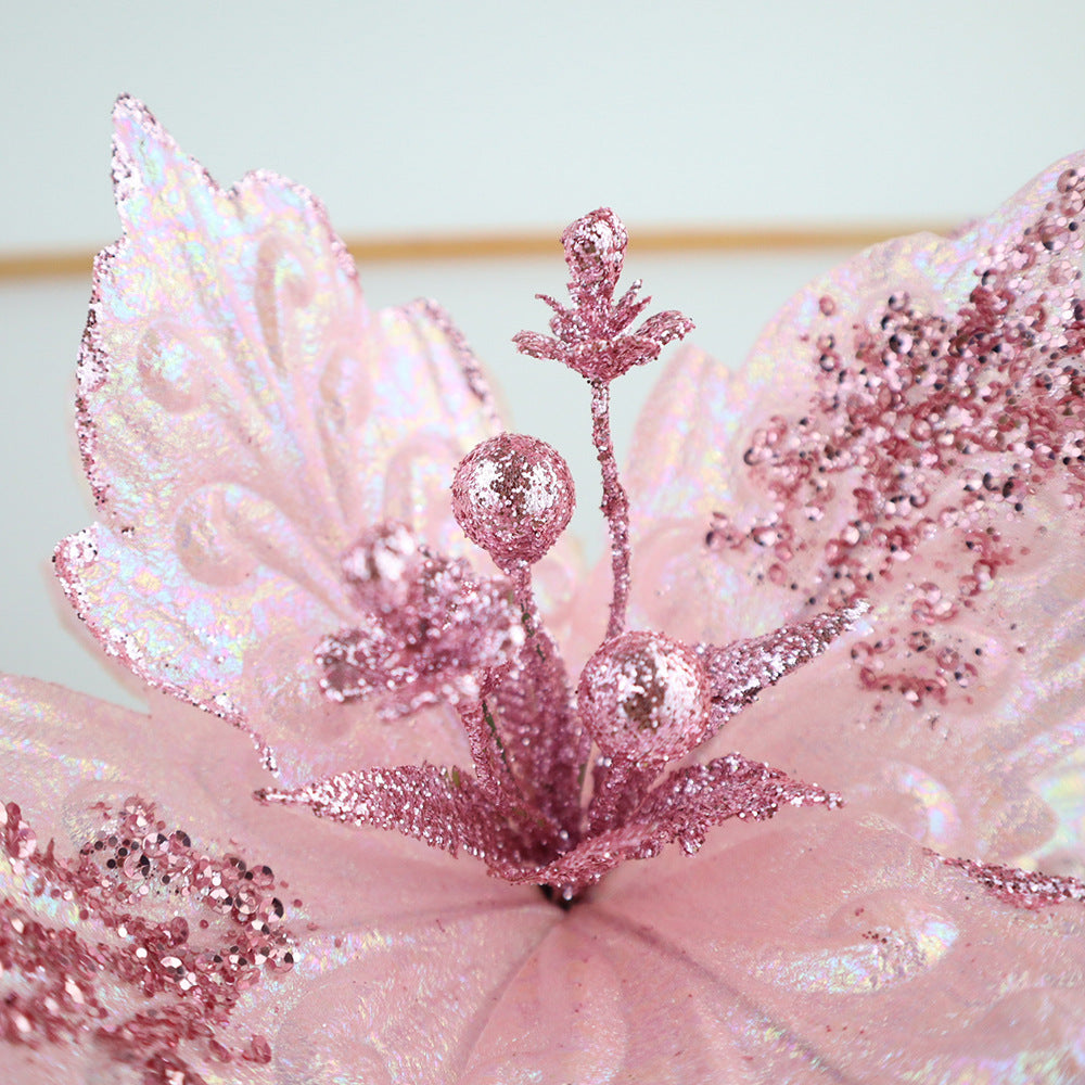 25 cm Künstliche Poinsettie Rosa mit Pailletten Weihnachtsbaumschmuck & Festliche Weihnachtsblumen