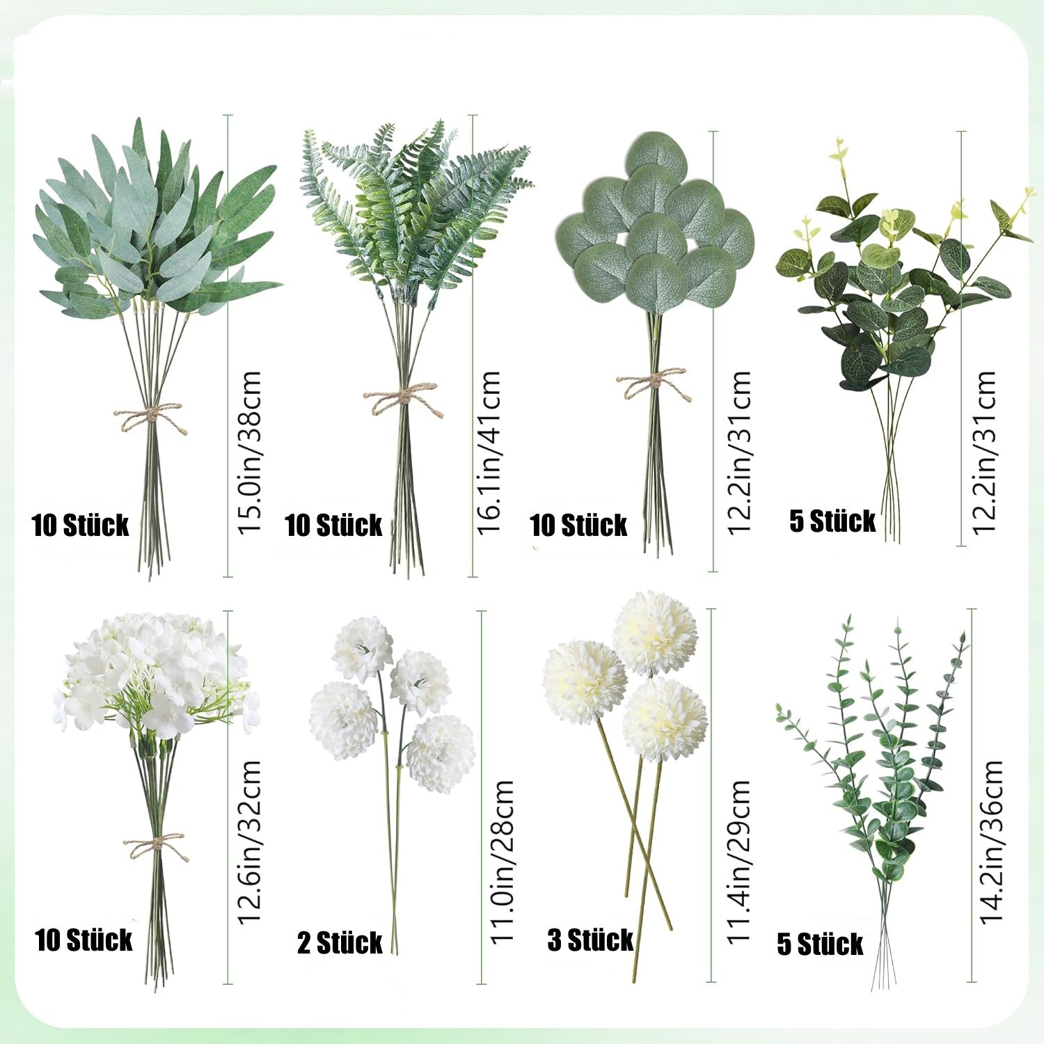 55 Stück Künstliche Zweige & Kunstblumen, Weiß Blumen Blätter Künstlich Dekozweige, Kunst Blumen Kunstblumenstrauss Eukalyptus Hortensien für DIY Blumenstrauß Brautstrauß Hochzeit