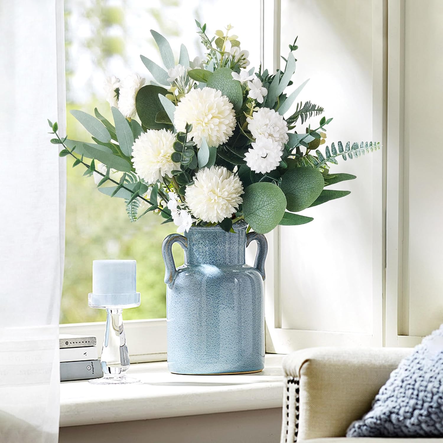 55 Stück Künstliche Zweige & Kunstblumen, Weiß Blumen Blätter Künstlich Dekozweige, Kunst Blumen Kunstblumenstrauss Eukalyptus Hortensien für DIY Blumenstrauß Brautstrauß Hochzeit