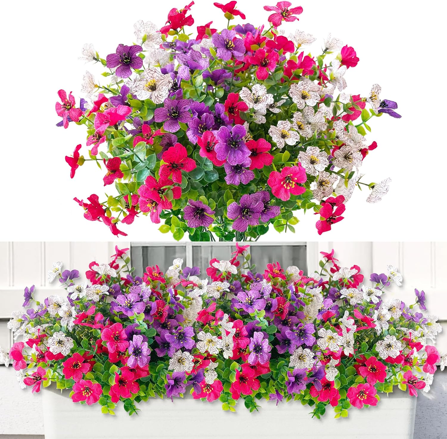 35cm 6 Bündel künstliche Blumen in drei Farben (Lila / Rosa / Weiß): Außengeeignet, wasser- und sonnenbeständig, realistisch und langlebig, geeignet für Balkon, Garten und Innenraumdekoration, wartungsfrei und einfach zu pflegen