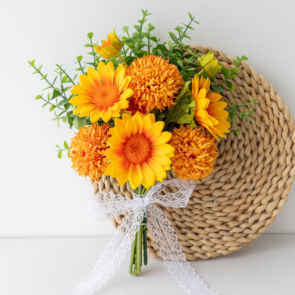 35cm Bukett aus Sonnenblumen, Chrysanthemen (Kugelform) und Eukalyptus Realistische Kunstblume für Blumenarrangements, Home Decor, Hochzeitsbuketen, DIY-Handwerksprojekte