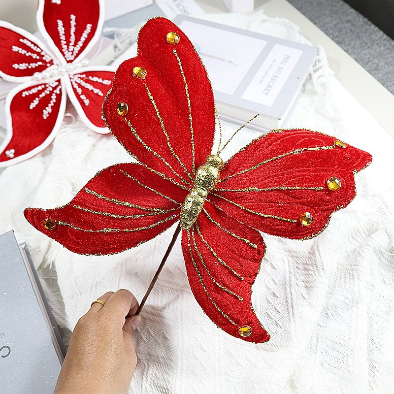 25 cm Glitzernde Weihnachts-Schmetterlingsstiele für Weihnachts- & Neujahrsdekoration – passend für Weihnachtsbäume & Kränze