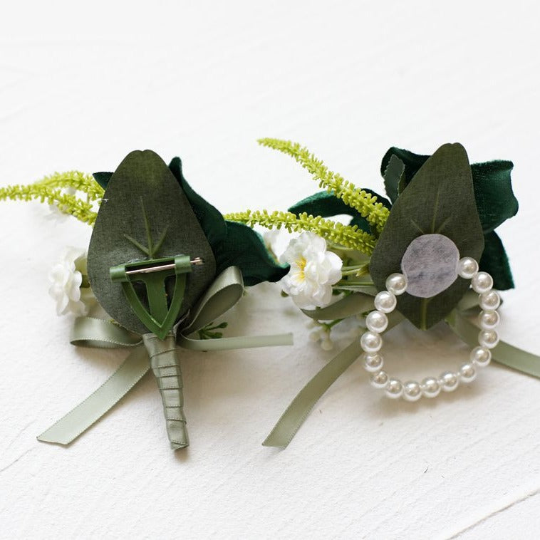 Künstliche Lilien-Wrist-Corsage- und Boutonniere-Set aus retro-Velours für Hochzeitsfeiern