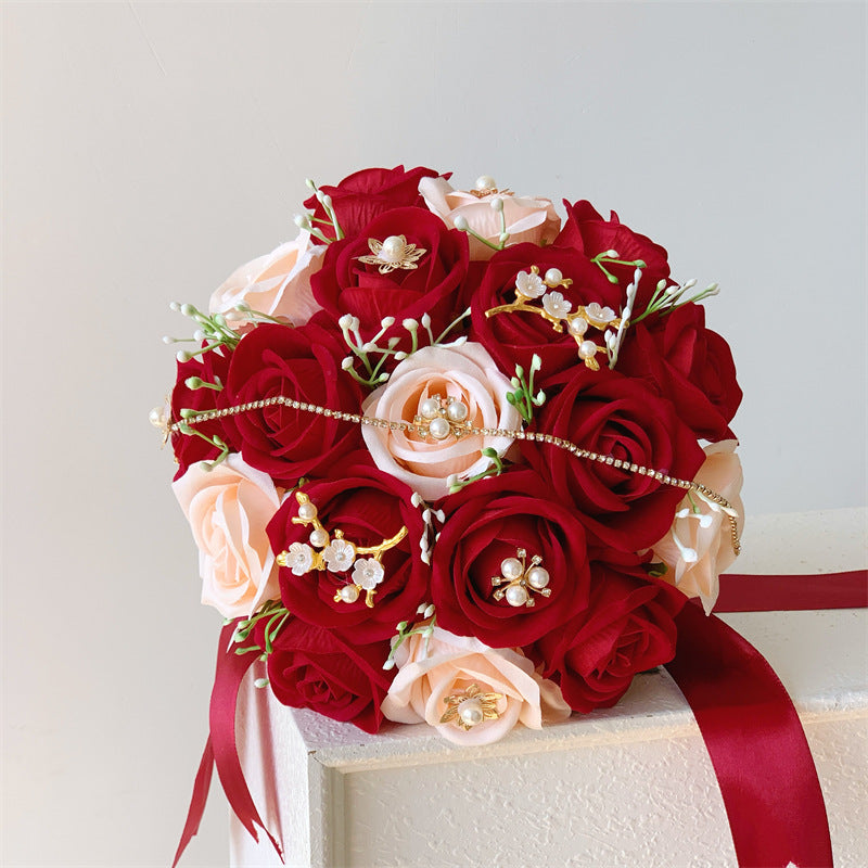 Hochzeits-Brautstrauß künstliche Rosen, 18 Blüten, 30 cm hoch, Seidenb – kunstblumenshop