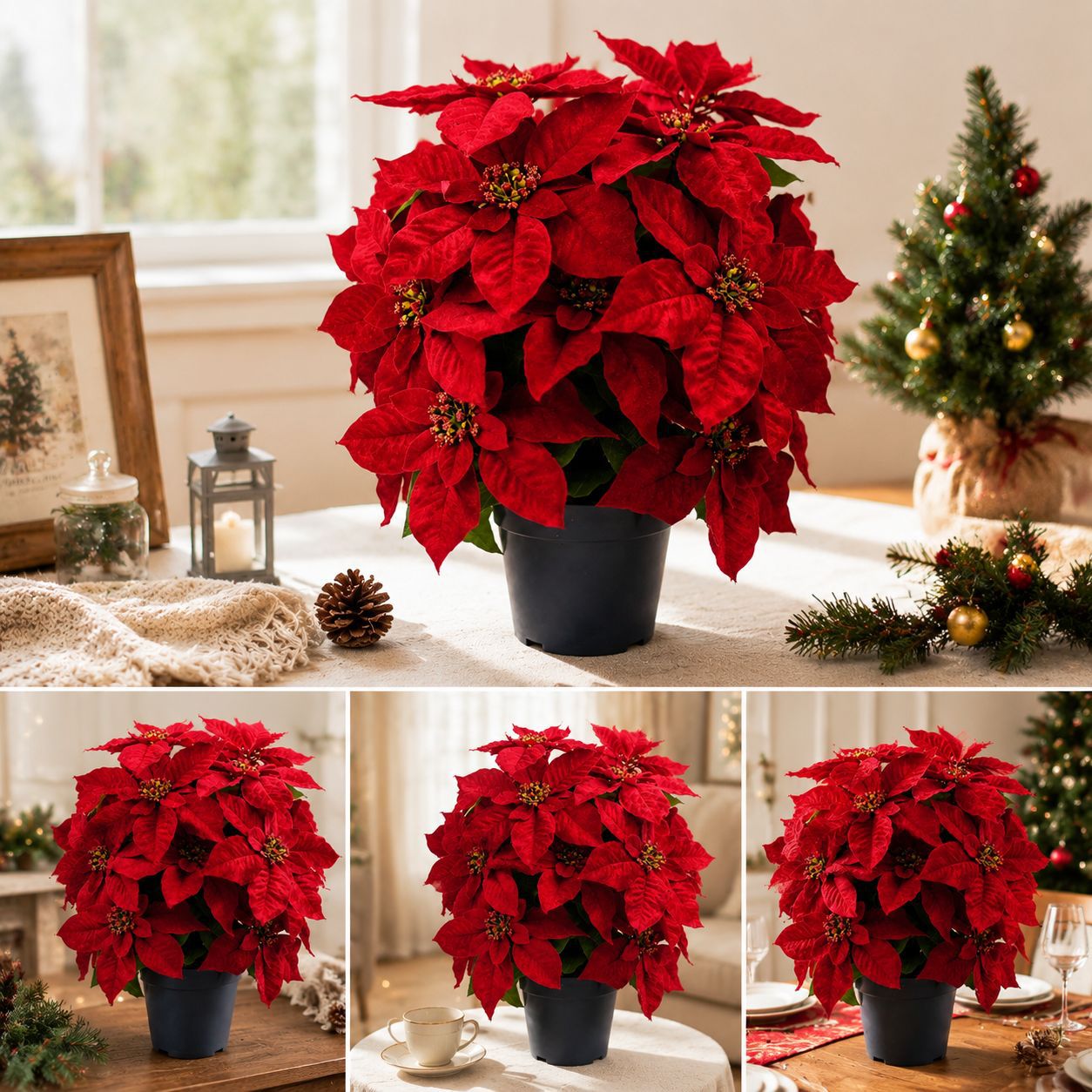 Künstliche Weihnachtssterne, 20 Blüten, 48 cm hoch inkl. Topf, für Inn – kunstblumenshop