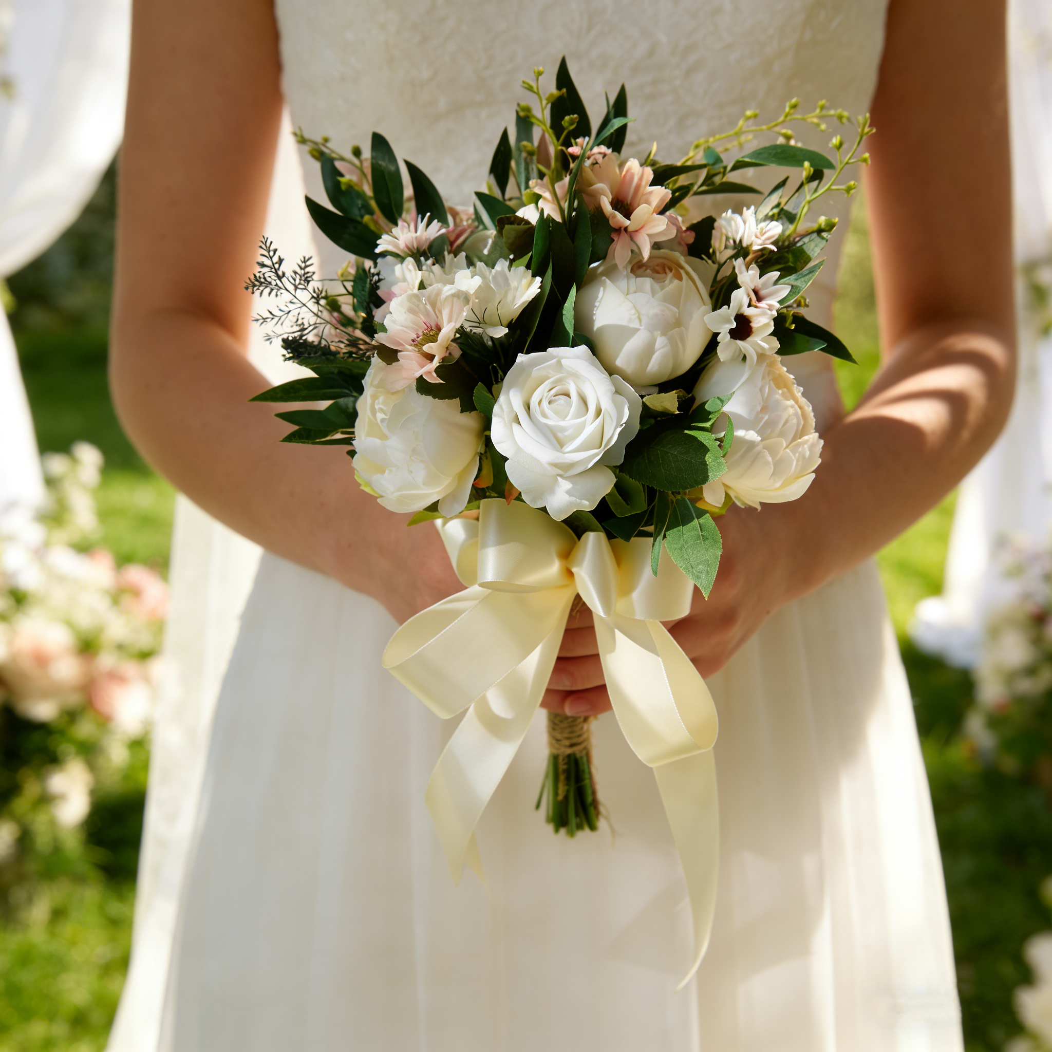 Romantischer Natur-Brautstrauß mit weißen Rosen und Pfingstrosen