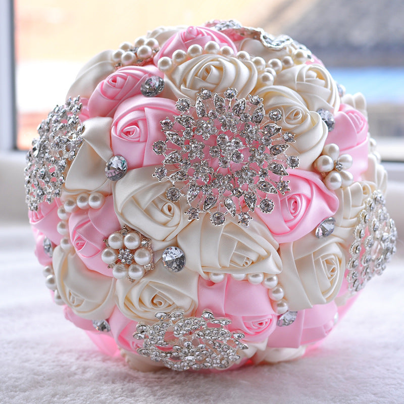 Künstlicher edler Satin-Rosen-Brautstrauß mit Perlen für Hochzeiten