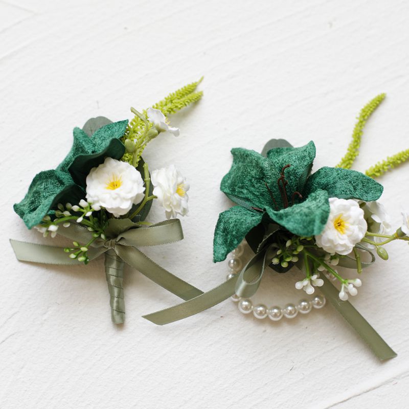 Künstliche Lilien-Wrist-Corsage- und Boutonniere-Set aus retro-Velours für Hochzeitsfeiern