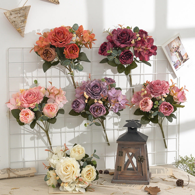 Großhandel: 30 cm-Retro Seide Pfingstrose Busch mit gemischten Hortensien - Faux Flower-Bouquet Dekoration für zu Hause, Braut Hochzeit, Party