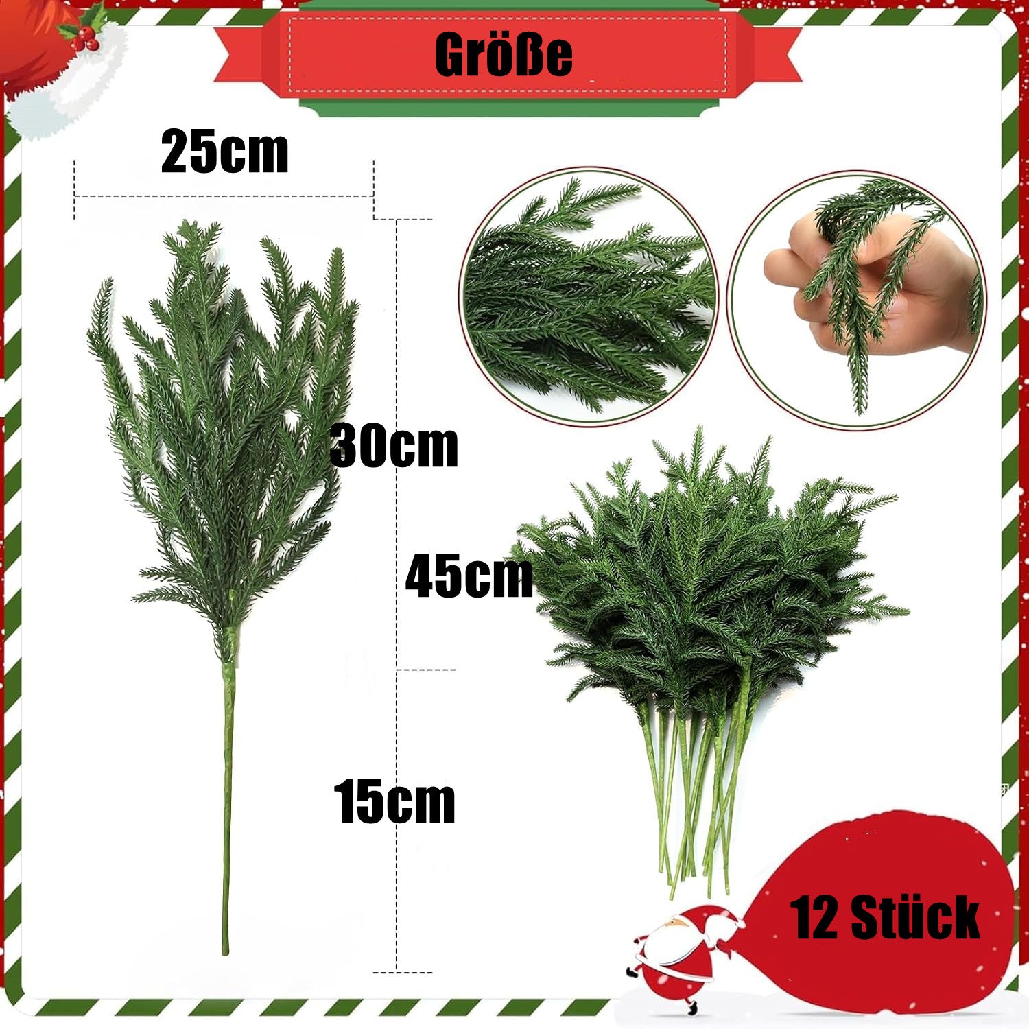 12 Stück realistische Weihnachts-Tannenzweige, natürlich hängend, weich undbiegsam, künstliche Tannenzweige