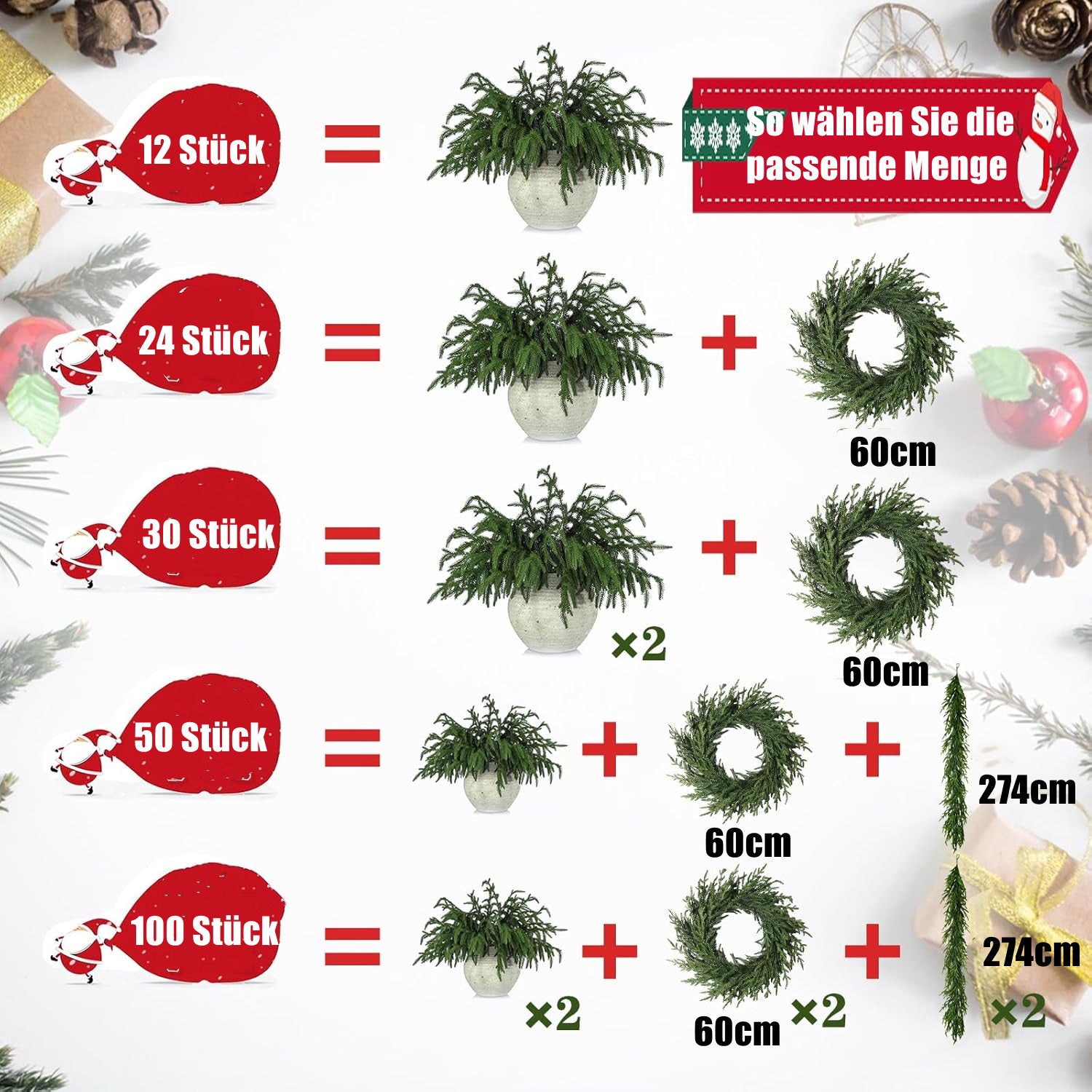 12 Stück realistische Weihnachts-Tannenzweige, natürlich hängend, weich undbiegsam, künstliche Tannenzweige