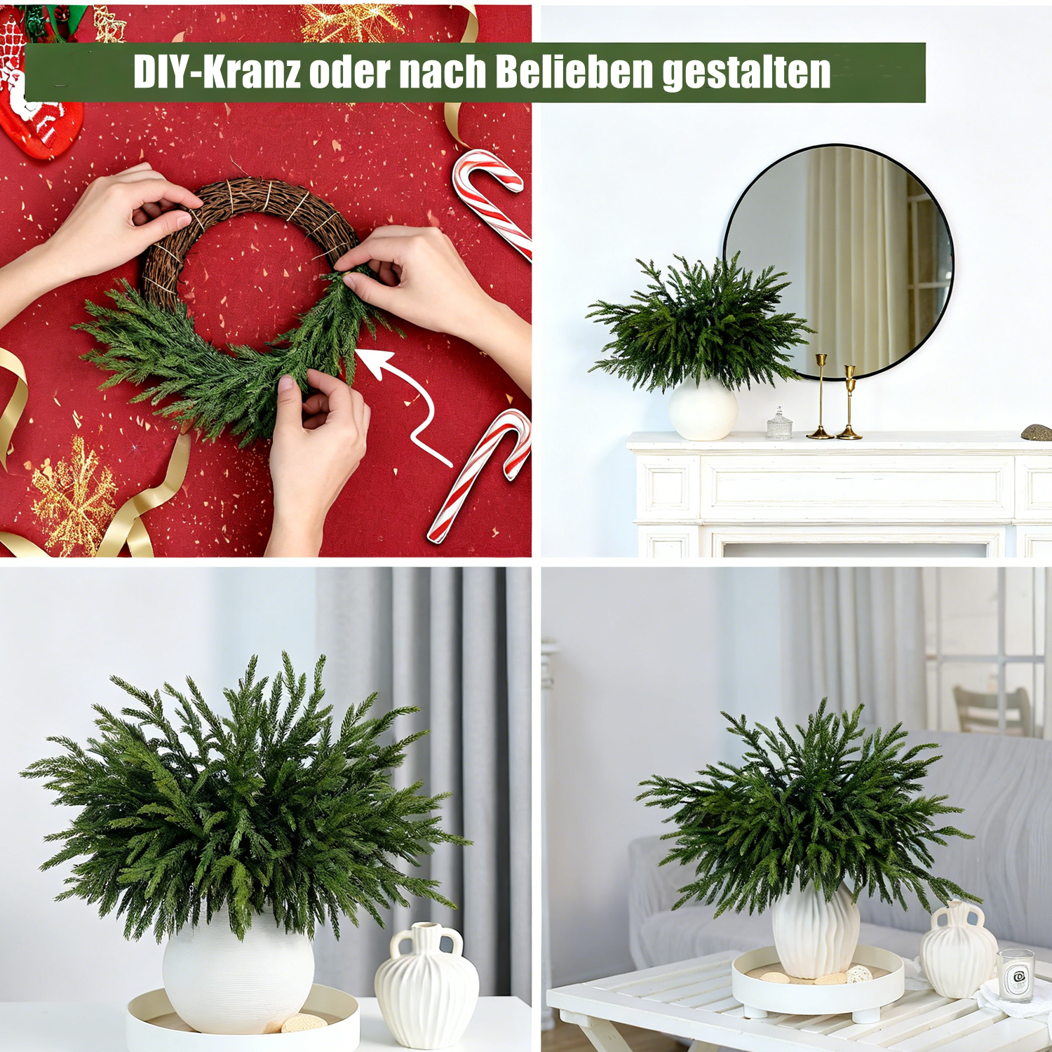 12 Stück realistische Weihnachts-Tannenzweige, natürlich hängend, weich undbiegsam, künstliche Tannenzweige