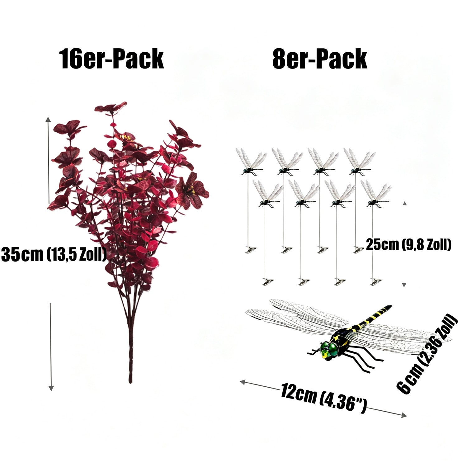 16 Bundles künstlicher Buchsbaum mit 8x 3D Libellen-Clips, UV-beständig, Seidenstoff, für Garten, Hochzeit, Eingangsdekoration, 35 cm x 22 cm