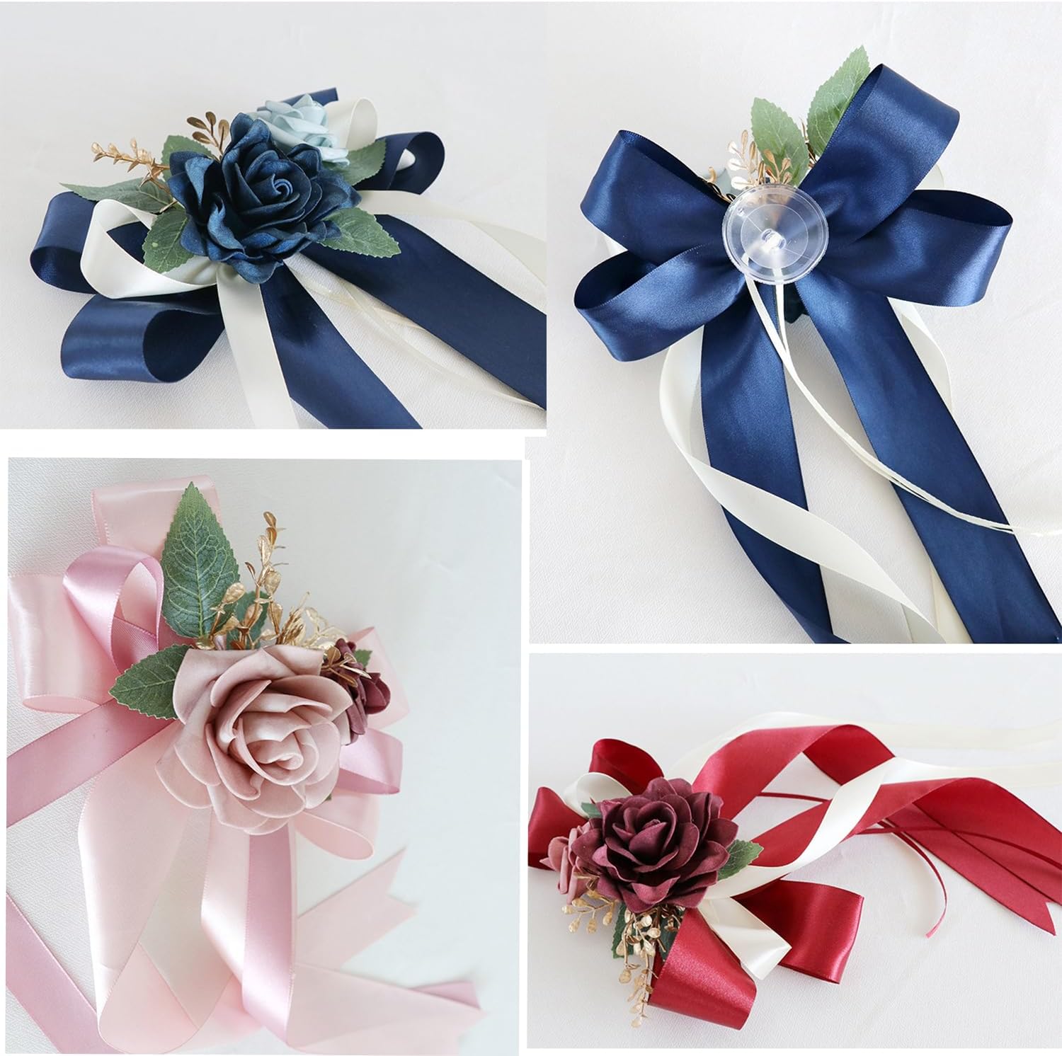 Autoschmuck Hochzeit 6er Set, Künstliche Rosen Gestecke (36 cm), Seidenblumen Deko für Autotür & Spiegel mit Saugnapf, Wiederverwendbare Hochzeitsdekoration