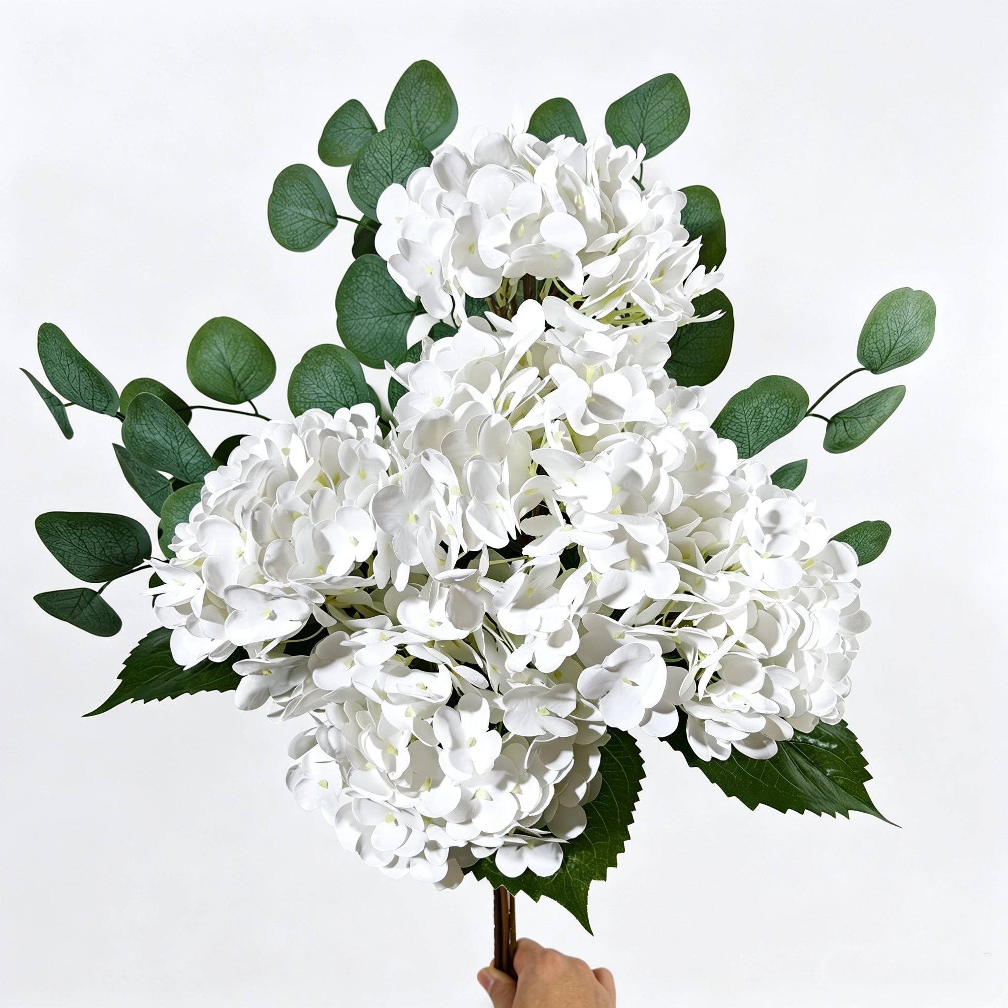 65cm Kunst-Hortensie & Eukalyptus Arrangement, realistische Seide, weiß, für Hochzeiten, Hausdekoration, Geschenke