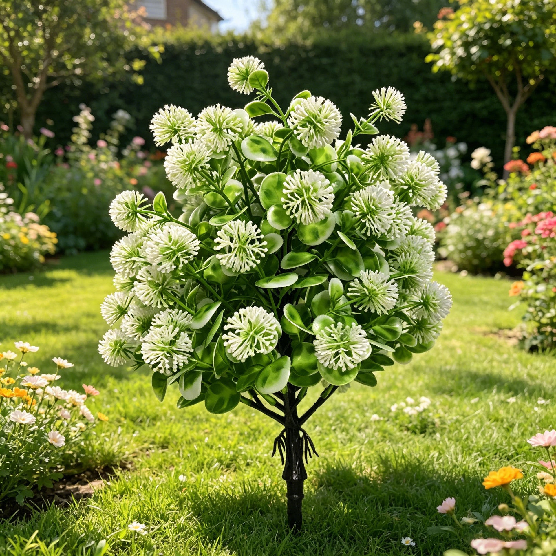 Künstlicher Pusteblumenball mit Eukalyptus, 47 cm, Täuschend Echte Kunstpflanze als Gartenstecker, für Gestecke, Hochzeit & Grabschmuck