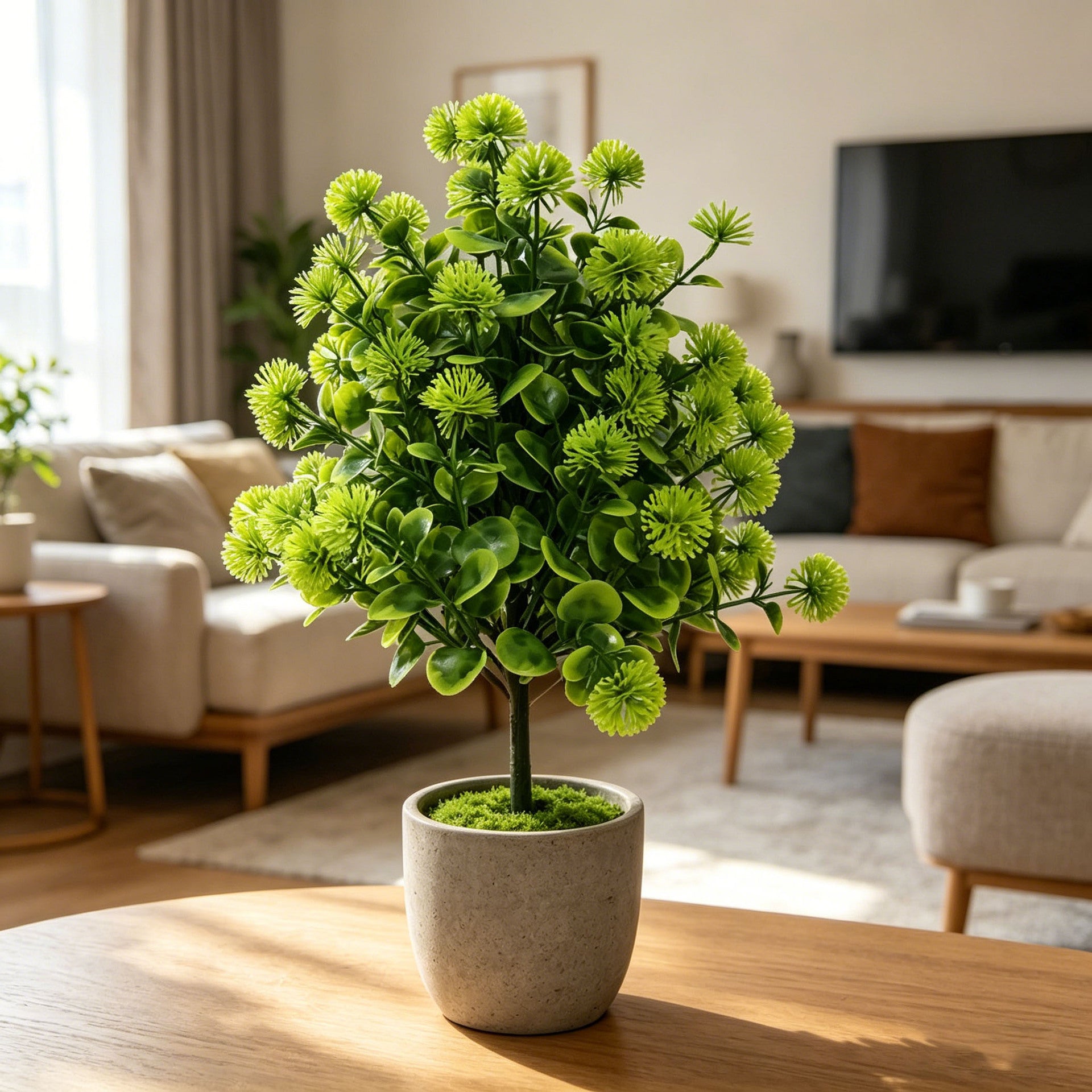 Künstlicher Pusteblumenball mit Eukalyptus, 47 cm, Täuschend Echte Kunstpflanze als Gartenstecker, für Gestecke, Hochzeit & Grabschmuck