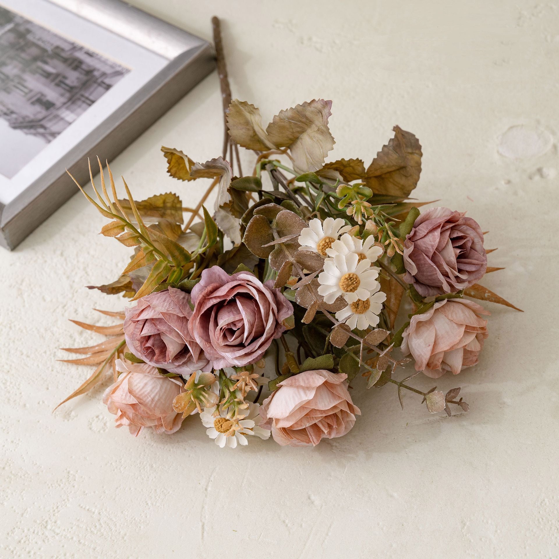 6 Kopf Kunstrosen Bouquet 33 cm, realistische Optik, ideal für Hochzeiten, Wohnraumdekoration, Cafés und Geschäfte