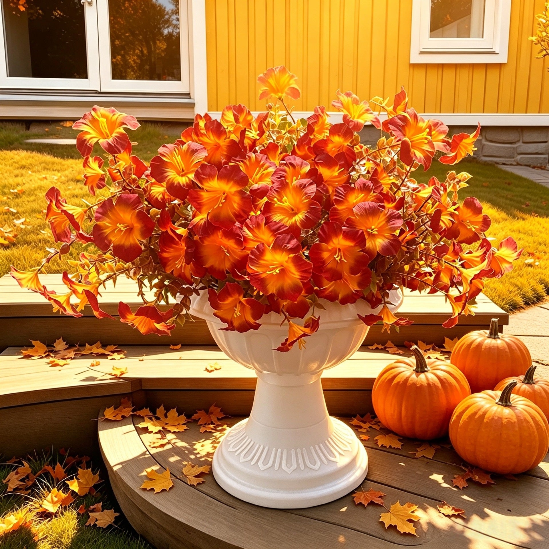 Künstliche Trichterwinden im 2er-Set, 36 cm, Herbstlicher Blumenstrauß mit 7 Blüten, Naturgetreue Kunstblumen für Deko, Hochzeit, Grabschmuck
