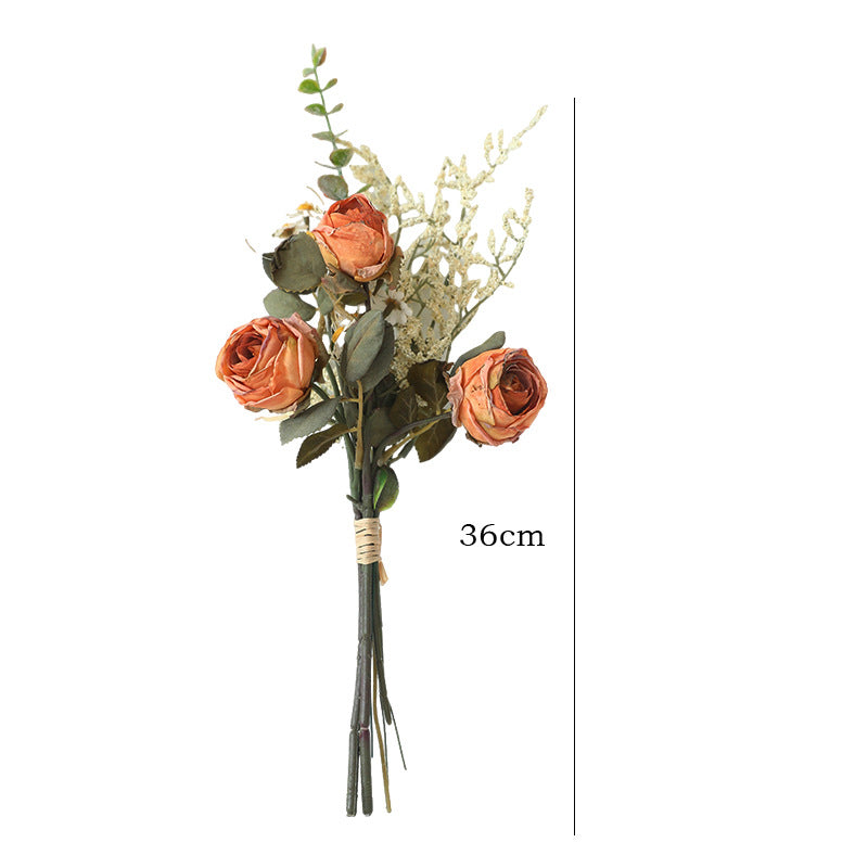 Kunstblumenstrauß Herbstfarben 36 cm, täuschend echte Rosen & Chrysanthemen mit gebrannten Kanten, ideal für Hochzeitsdeko, Vase, Tischdeko, Grabschmuck