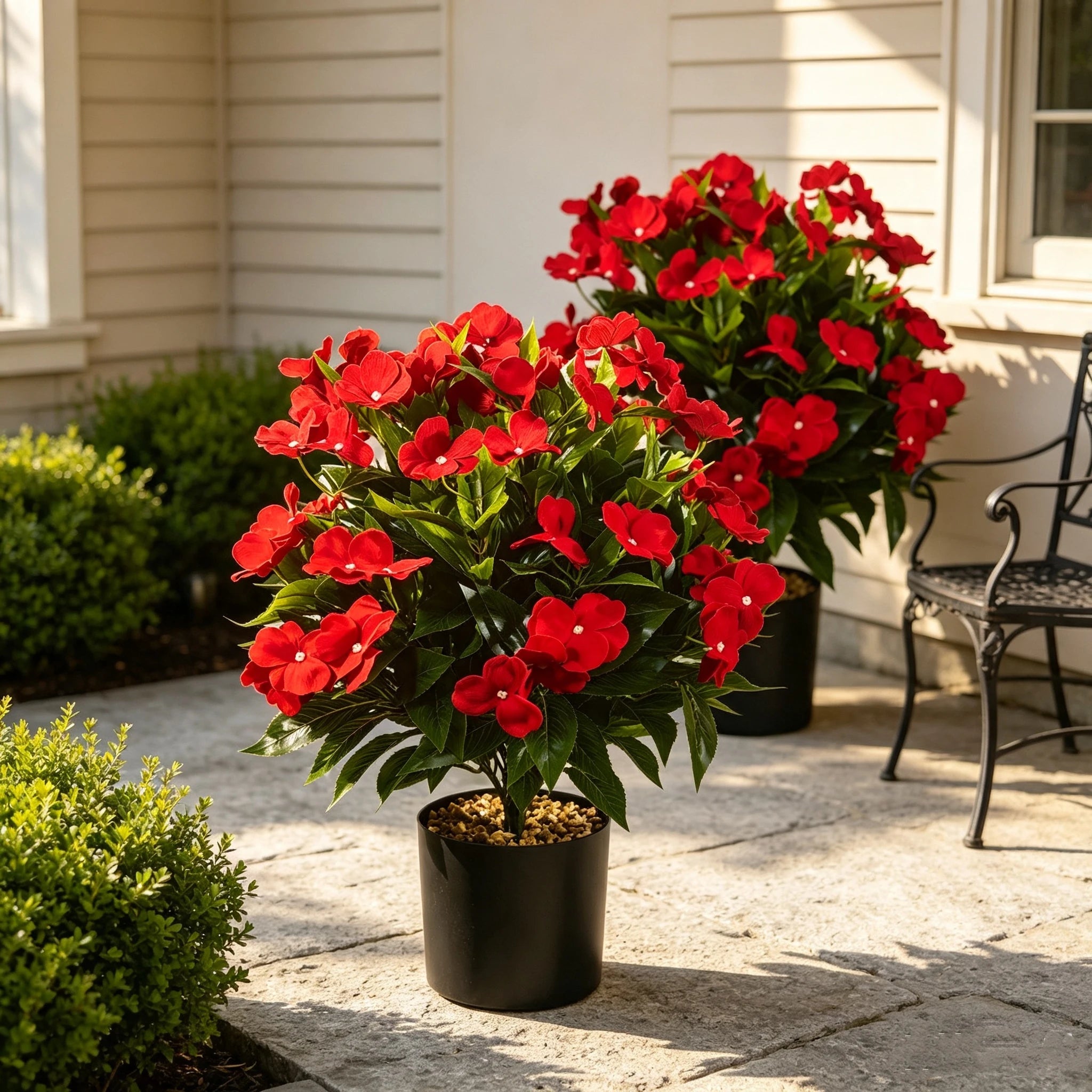 2er Set 43cm Künstliche Rote Impatiens Seidenblumen, UV-beständige Topfpflanzen für Hochzeiten, Garten, Balkon, ohne Montage