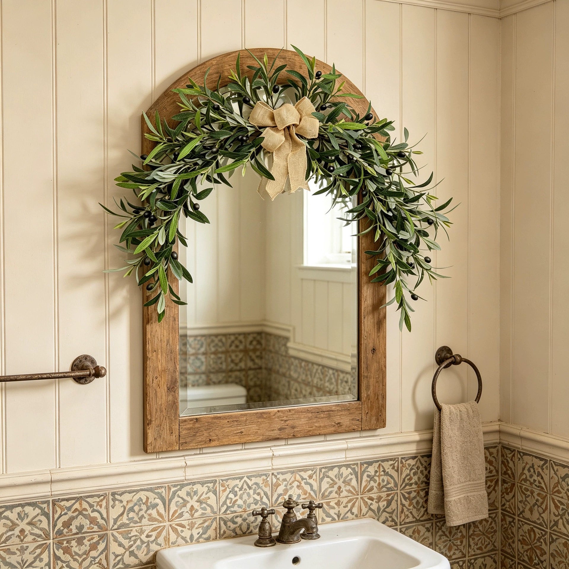 Künstlicher Olivenkranz 80 cm, Täuschend Echte Olivenzweig Girlande für Wand, Tür & Kamin, Mediterrane Deko für Hochzeit & Zuhause, Ganzjährig