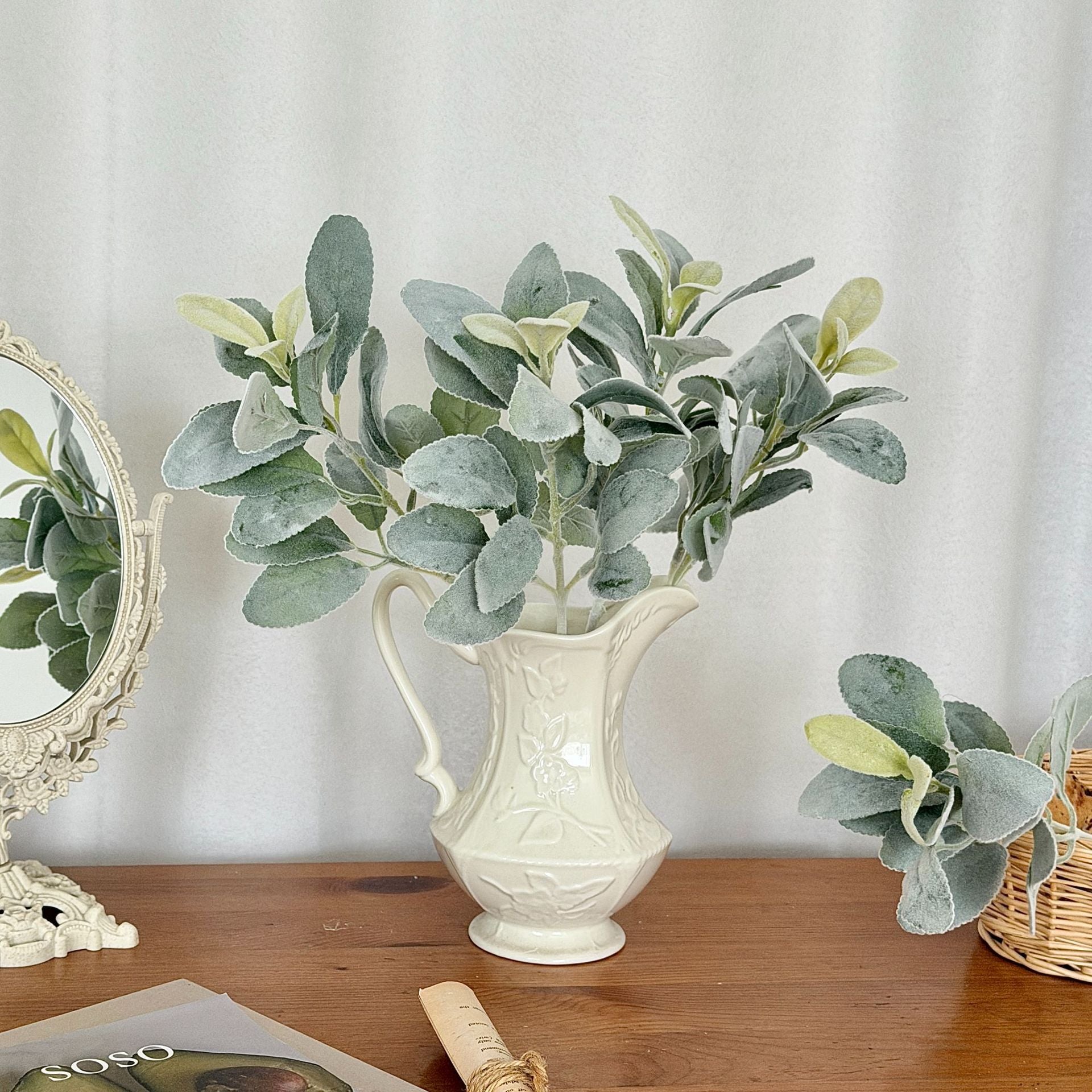 Woll-Ziest Kunstpflanze 37 cm, Beflockter Deko-Zweig, Täuschend Echter Hasenohr-Stiel für Vase, Hochzeit & Skandi Deko, Realistisch & Pflegefrei