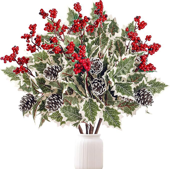 Künstliche Pflanzen mit roten Beeren und Tannenzapfen, 40 cm, täuschend echt, ideal für Hochzeiten, Dekoration, Geschenke, 2er Set