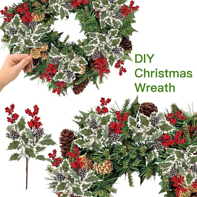 Künstliche Pflanzen mit roten Beeren und Tannenzapfen, 40 cm, täuschend echt, ideal für Hochzeiten, Dekoration, Geschenke, 2er Set