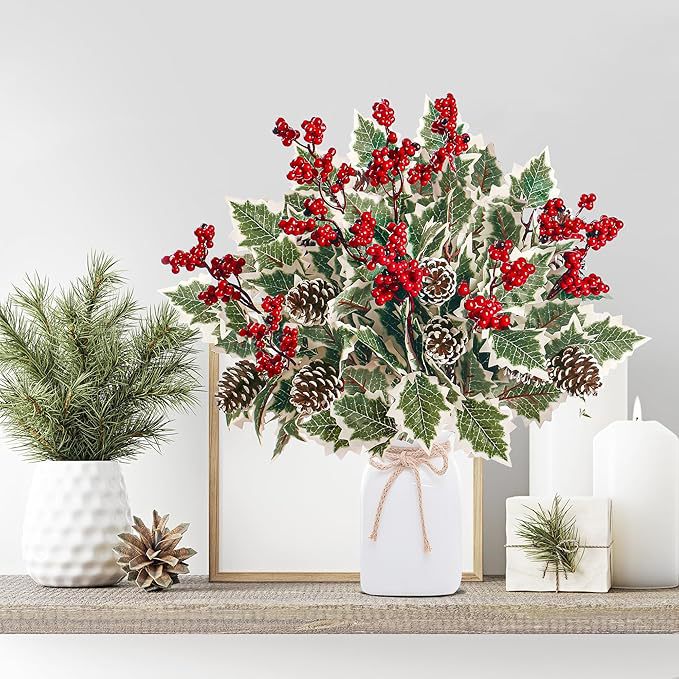 Künstliche Pflanzen mit roten Beeren und Tannenzapfen, 40 cm, täuschend echt, ideal für Hochzeiten, Dekoration, Geschenke, 2er Set