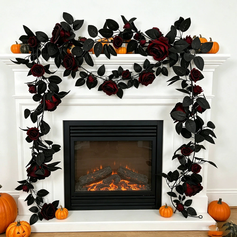 Schwarze Rosengirlande 200 cm, realistische Kunstblumen Ranke für Halloween & Gothic Hochzeit, Tür- & Tischdeko, Schwarz