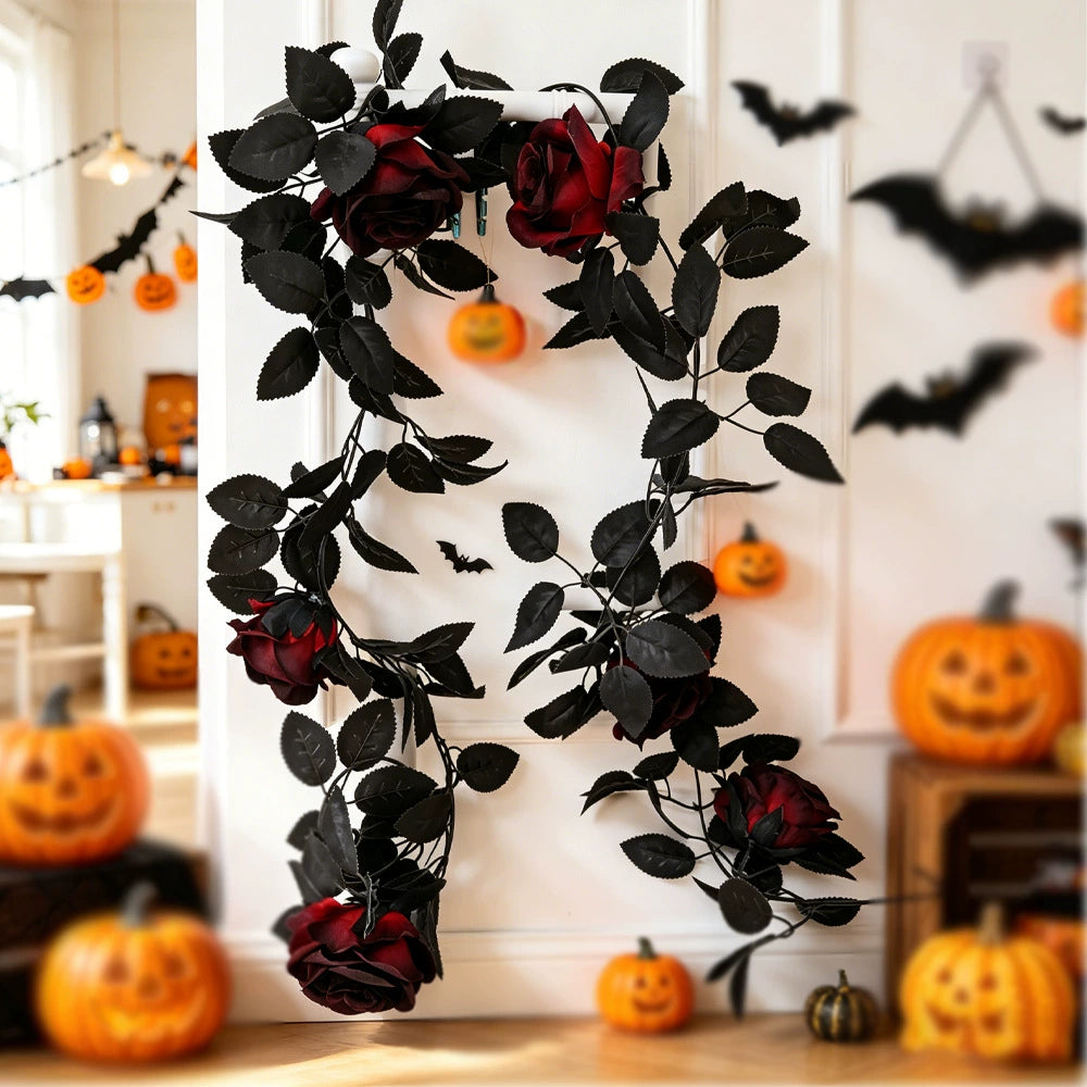 Schwarze Rosengirlande 200 cm, realistische Kunstblumen Ranke für Halloween & Gothic Hochzeit, Tür- & Tischdeko, Schwarz