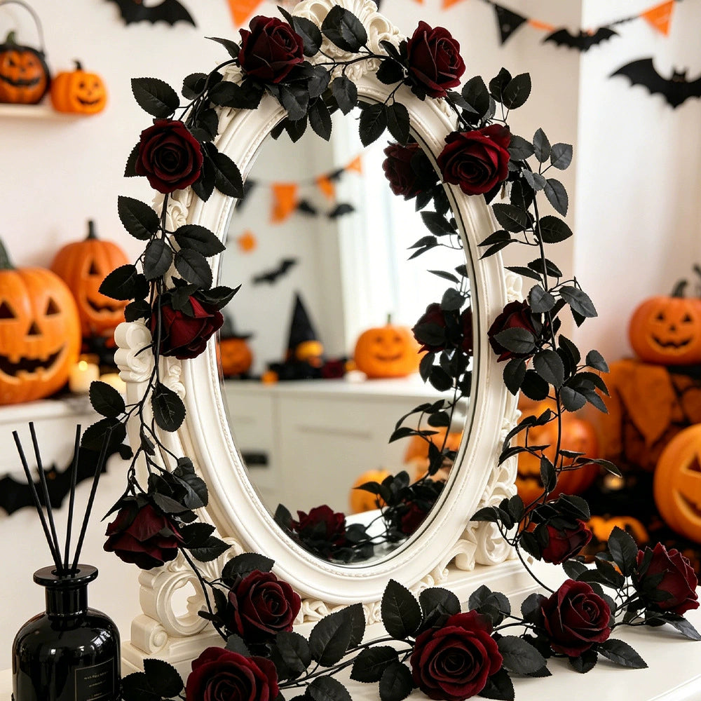 Schwarze Rosengirlande 200 cm, realistische Kunstblumen Ranke für Halloween & Gothic Hochzeit, Tür- & Tischdeko, Schwarz