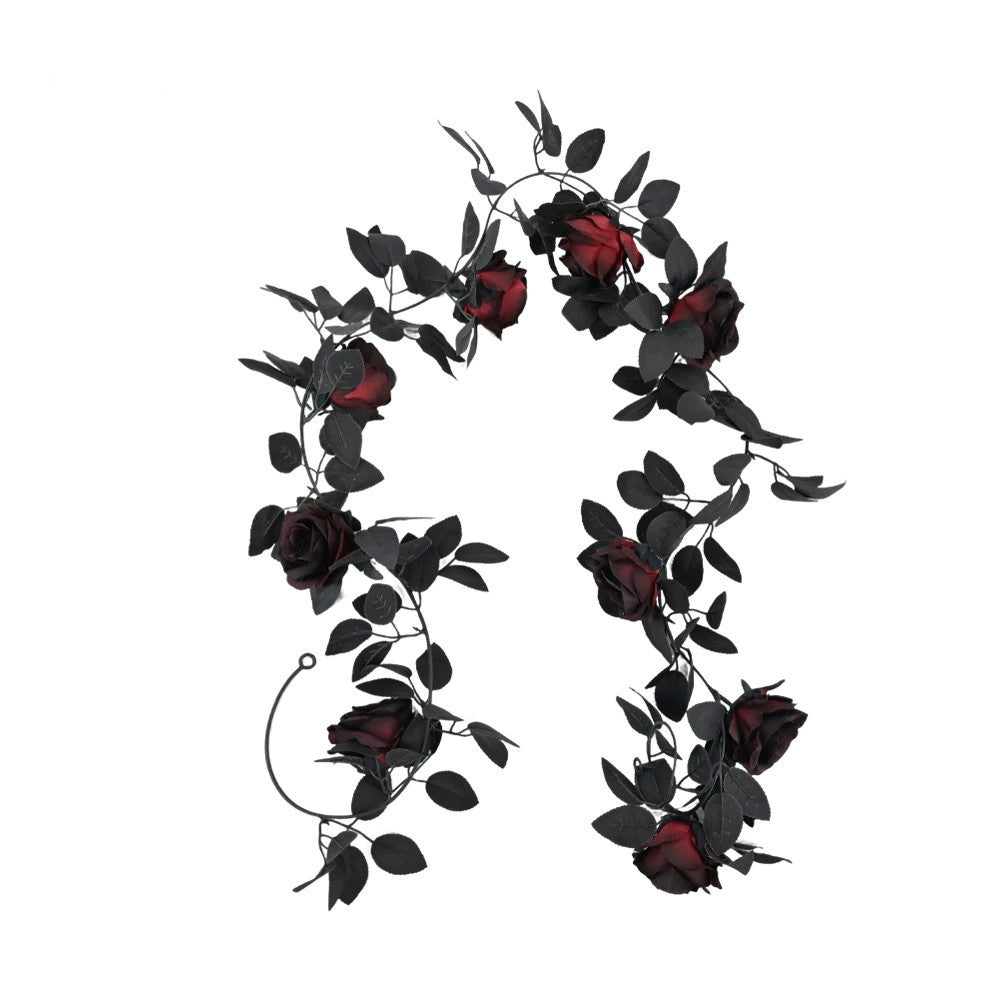 Schwarze Rosengirlande 200 cm, realistische Kunstblumen Ranke für Halloween & Gothic Hochzeit, Tür- & Tischdeko, Schwarz