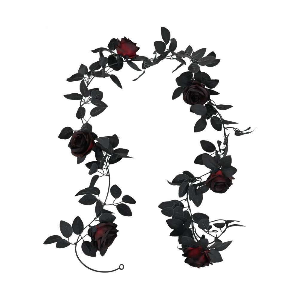 Schwarze Rosengirlande 200 cm, realistische Kunstblumen Ranke für Halloween & Gothic Hochzeit, Tür- & Tischdeko, Schwarz