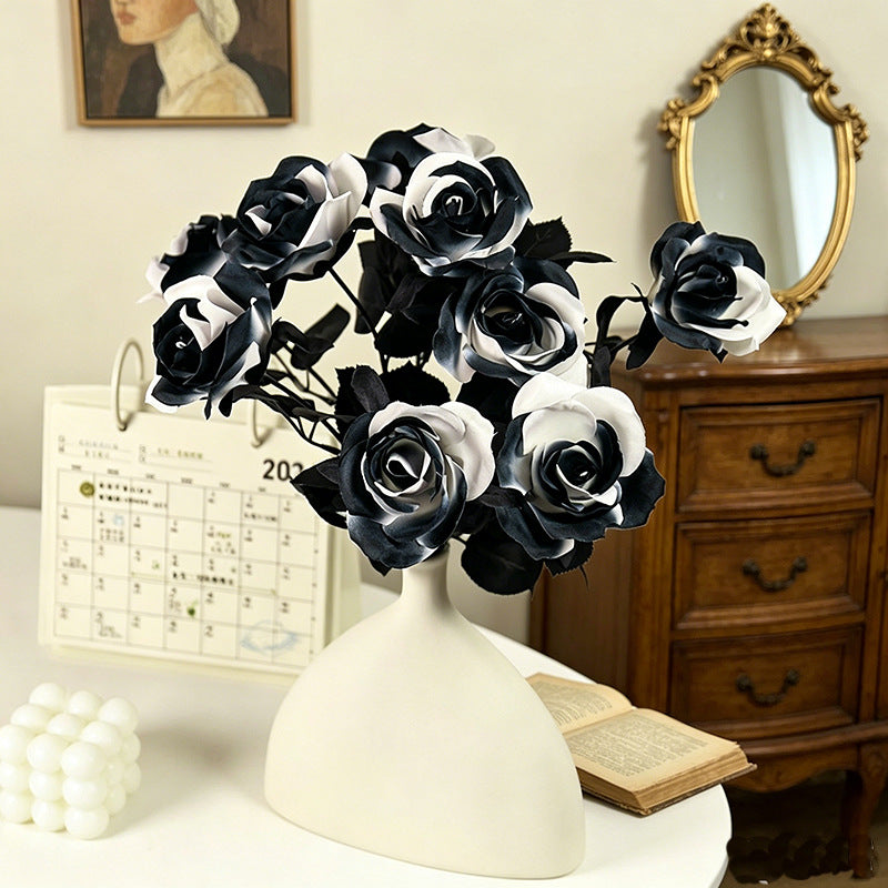 Künstliche schwarze und weiße Rosen, 37 cm, realistische Blumen, Deko für Hochzeiten, Veranstaltungen und Innenräume, 5er Set