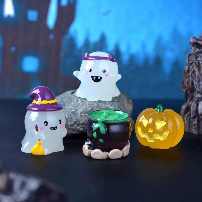 Halloween Deko Figuren Set (6 Stk.), im Dunkeln leuchtende Geister & Kürbisse aus Harz, Miniatur für DIY Bastelprojekte, Tischdeko & Terrarium