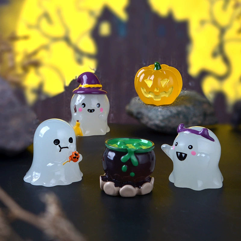 Halloween Deko Figuren Set (6 Stk.), im Dunkeln leuchtende Geister & Kürbisse aus Harz, Miniatur für DIY Bastelprojekte, Tischdeko & Terrarium