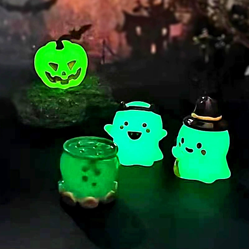 Halloween Deko Figuren Set (6 Stk.), im Dunkeln leuchtende Geister & Kürbisse aus Harz, Miniatur für DIY Bastelprojekte, Tischdeko & Terrarium