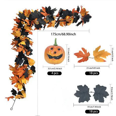 Künstliche Halloween Ranken mit gruseligem Kürbis und Ahornblättern, 200 cm, perfekt für Hochzeiten, Dekorationen und saisonale Anlässe