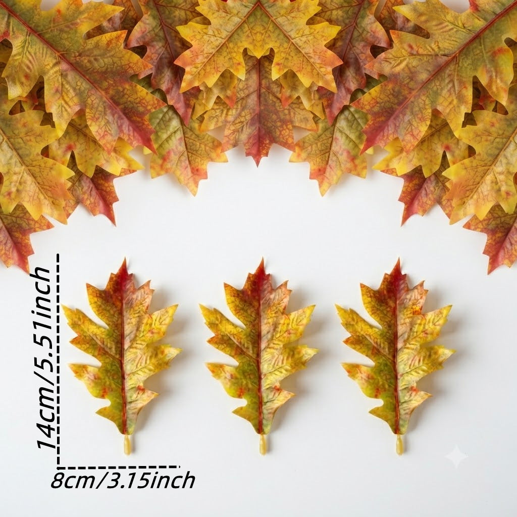 Künstliche Eichenblätter 50er-Pack, 11,5 & 14 cm, Täuschend echte Dekoblätter mit Stiel für Basteln, Herbstdeko, Hochzeit & Floristik