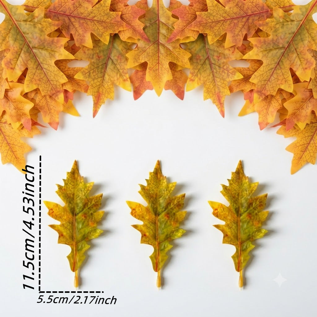 Künstliche Eichenblätter 50er-Pack, 11,5 & 14 cm, Täuschend echte Dekoblätter mit Stiel für Basteln, Herbstdeko, Hochzeit & Floristik