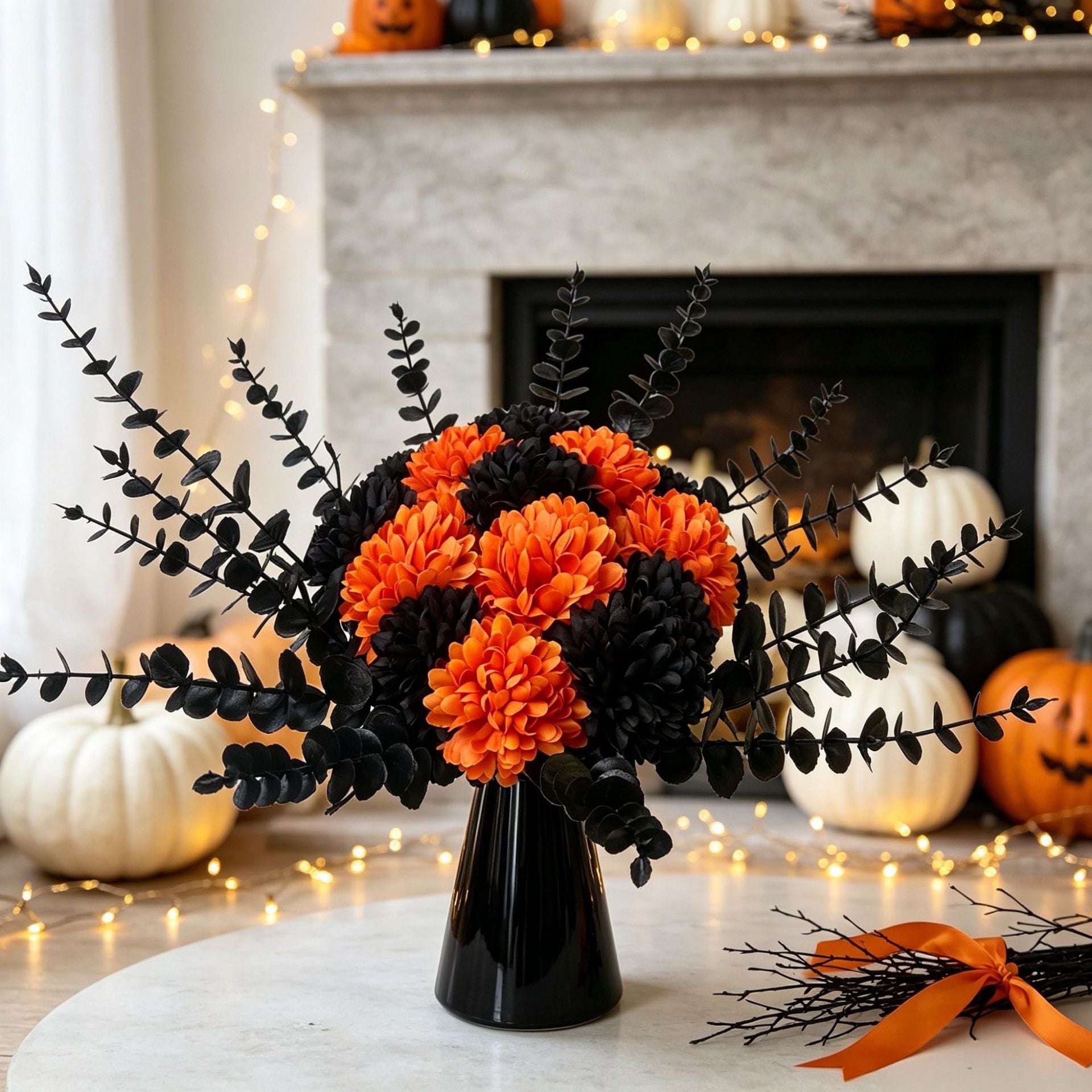 Kunstblumen 5er Set: Schwarzer Eukalyptus & Orange Hortensie, Naturgetreue Kunstpflanzen für Halloween, Hochzeit, Floristik & Deko, Langlebig