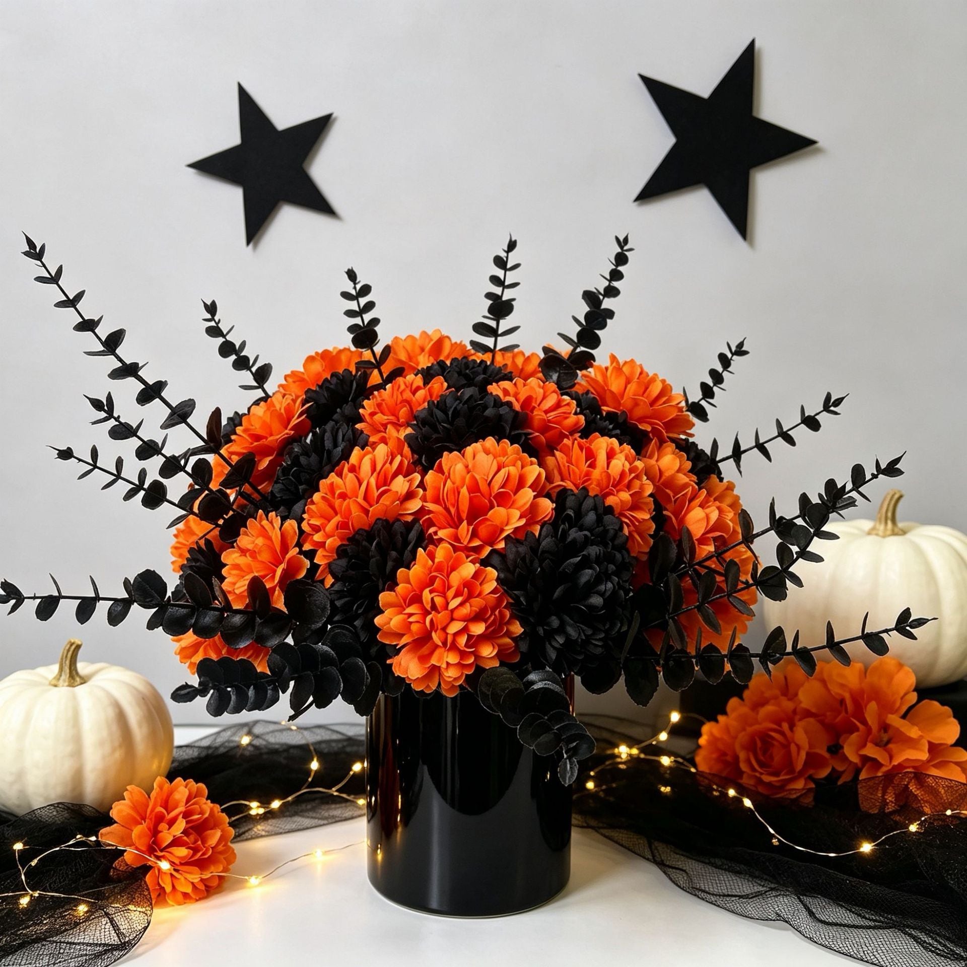 Kunstblumen 5er Set: Schwarzer Eukalyptus & Orange Hortensie, Naturgetreue Kunstpflanzen für Halloween, Hochzeit, Floristik & Deko, Langlebig