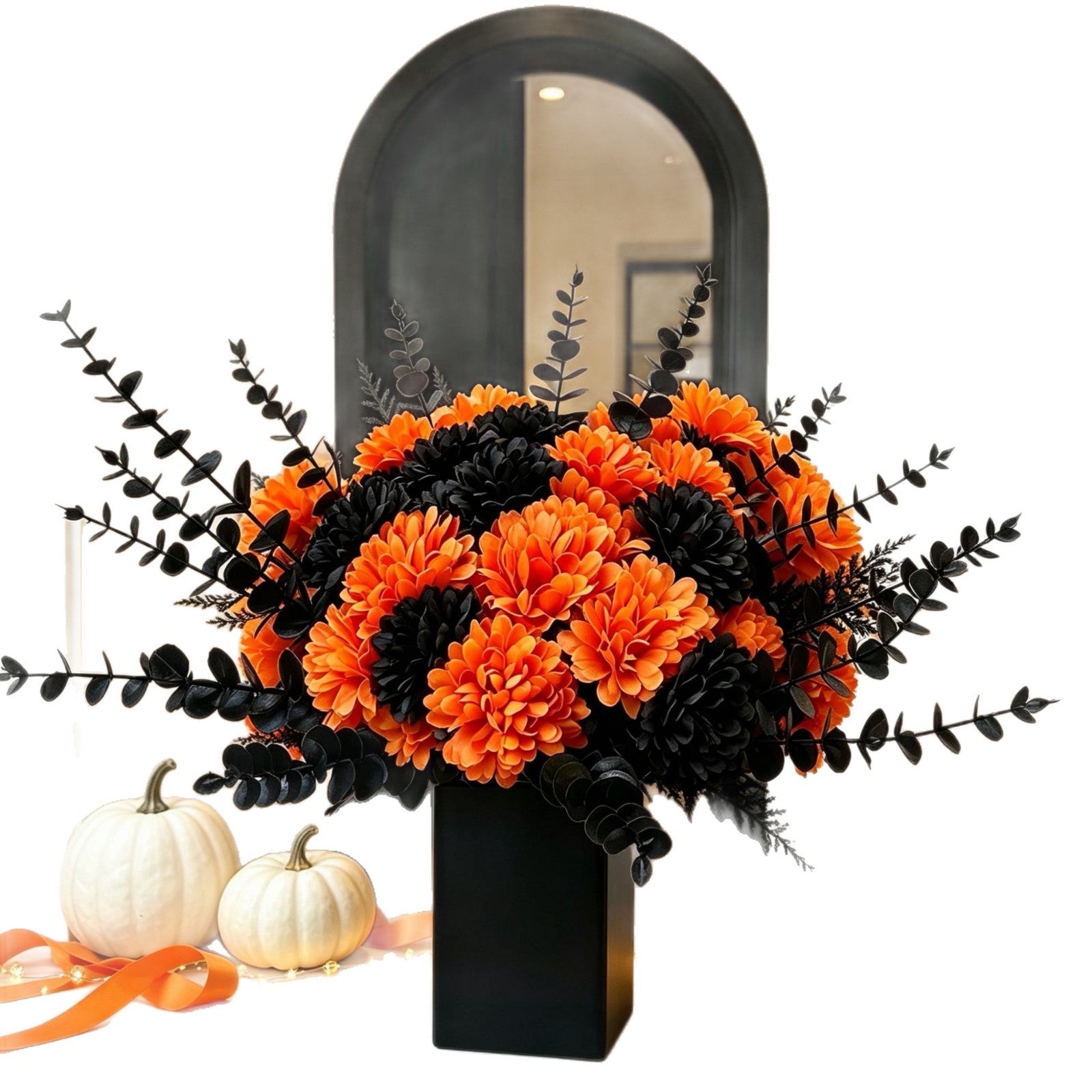 Kunstblumen 5er Set: Schwarzer Eukalyptus & Orange Hortensie, Naturgetreue Kunstpflanzen für Halloween, Hochzeit, Floristik & Deko, Langlebig